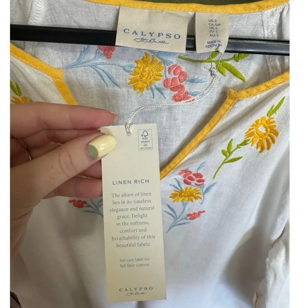 Calypso St. Barth Linen Floral Embroidered Tunic Mini Dress White Size Small NWT - Picture 7 of 10